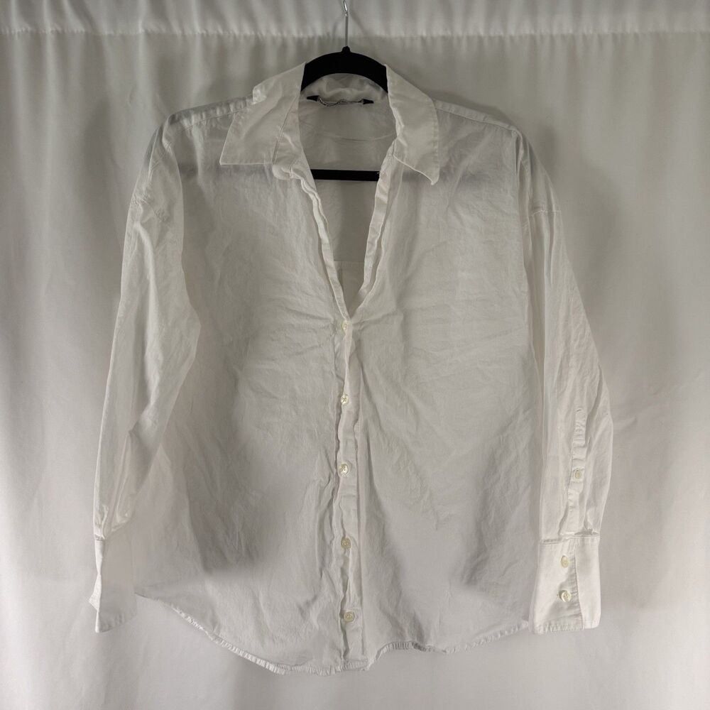 Zara Blouse Women's Small White Long Sleeve Collared 100% Cotton Button Front